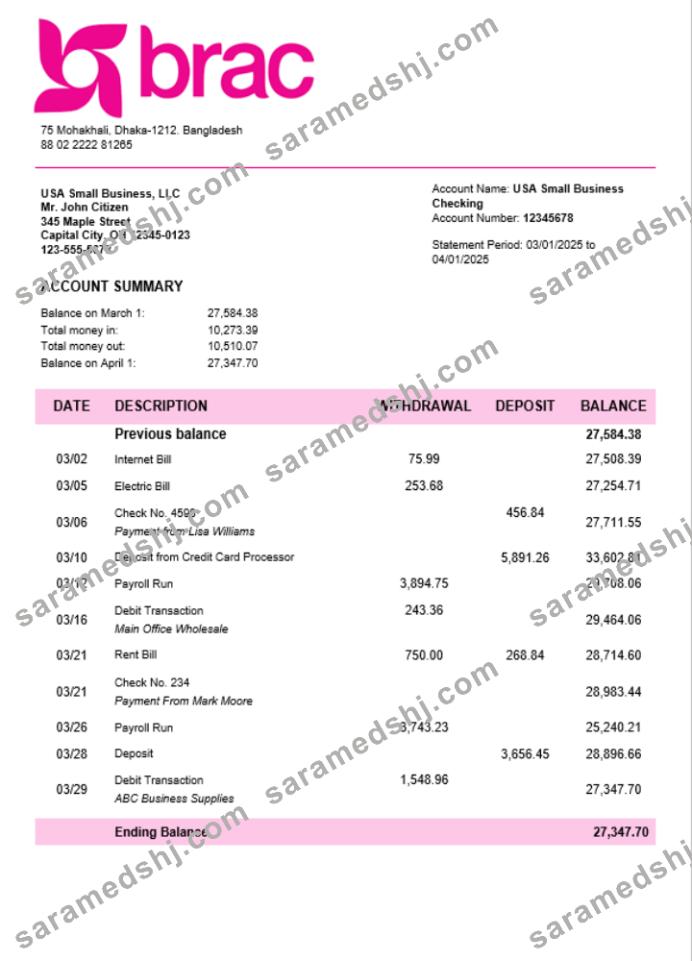 BRAC corporate checking account statement Word and PDF template